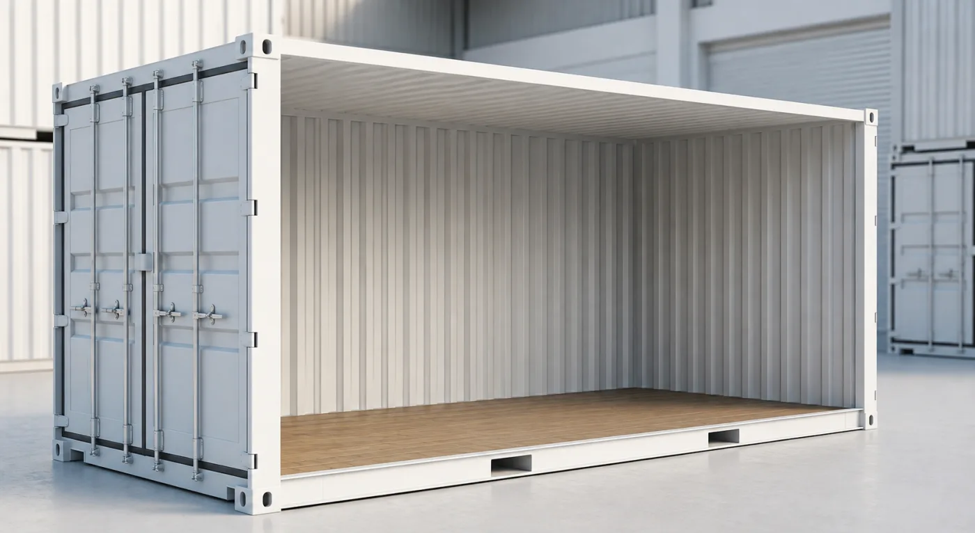 An empty 20ft shipping container shown in cutaway, with a timber floor and drive-up access at ground level.