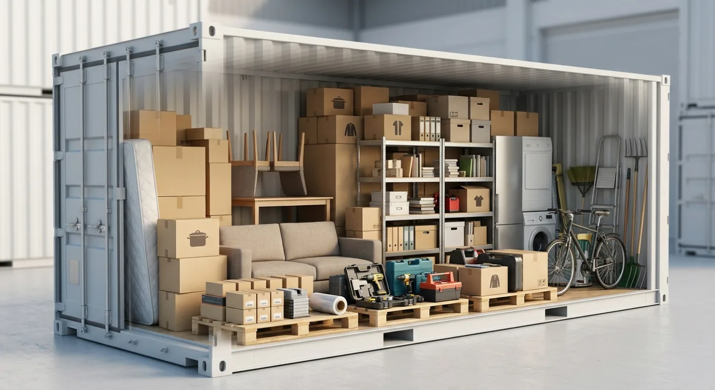 The same container packed with a sofa, mattress, dining table, cardboard boxes, a fridge, a washing machine, shelving, a bicycle and garden tools.